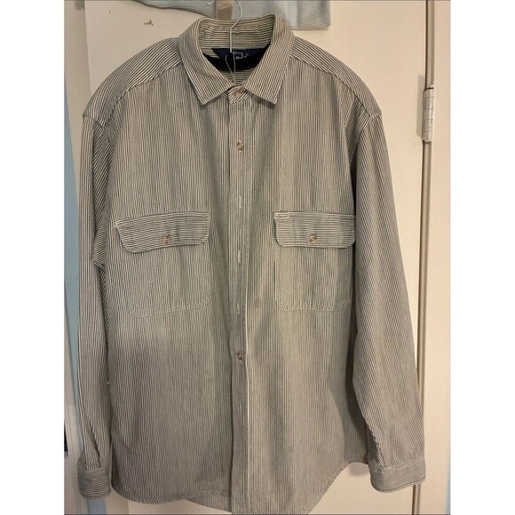 Woolrich Other - Woolrich Men’s Light Gray and Off-White Striped Shacket-like Button-Down Shirt